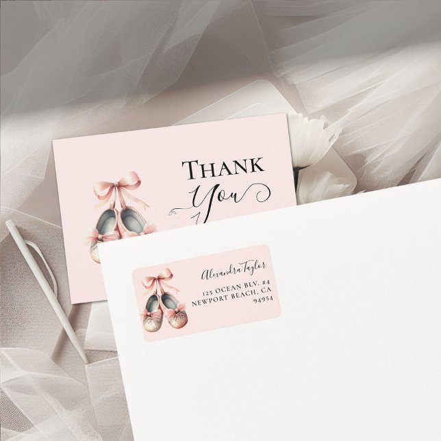 Baby Ballerina Schuhe Pink Bow Gold Rücksendeadres Adressaufkleber (ballerina baby shower return address label baby ballet shoes watercolor elegant calligraphy pink)