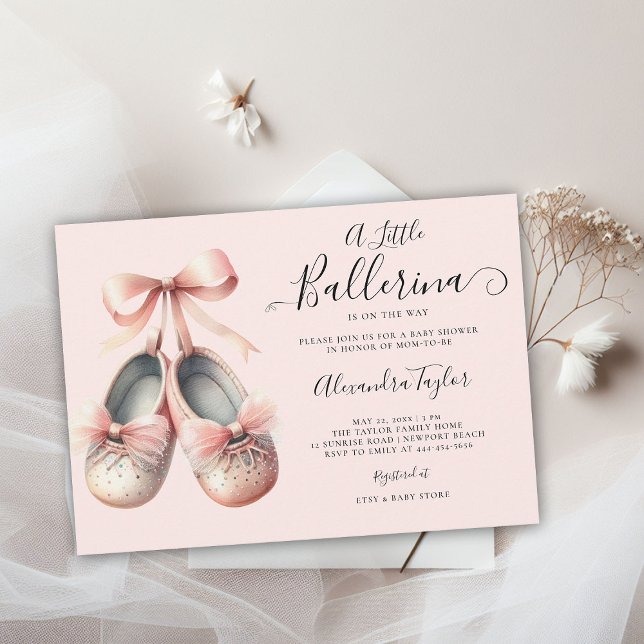 Baby Ballerina Schuhe Pink Bow Sweet Girl Dusche Einladung (little ballerina baby girl shower invitation pink blush gold bow ballet shoes watercolor cute chic)