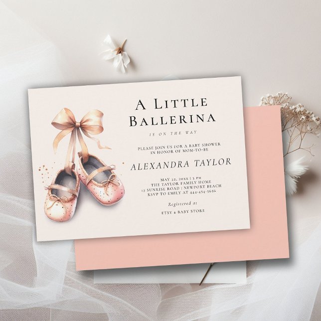 Baby Ballerina Schuhe Pink Gold Bow Girl Dusche Einladung (little ballerina baby girl shower invitation pink blush gold bow ballet shoes watercolor cute girly)