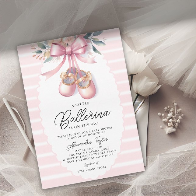 Baby Ballerina Schuhe Rosa Blumendusche Einladung (ballerina baby shower invitation ballet shoes pink floral bow ribbons satin elegant cute adorable)