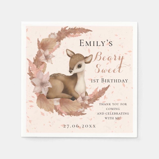 Baby Bambi & Blume Mond Staub Rosa Geburtstag Serviette (Vorderseite)