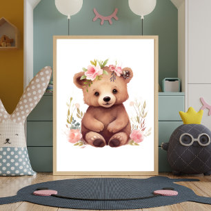 Baby-Bär Rosa Blumen Aquarell Kinderzimmer Wandkun Poster