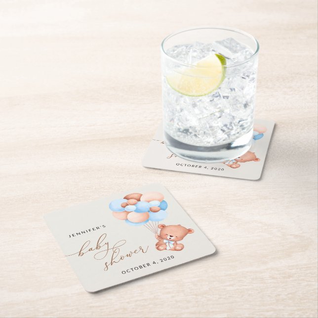 Baby Bär, Teddy Bär, Blue Balloons, Babydusche Rechteckiger Pappuntersetzer (Vor Ort)