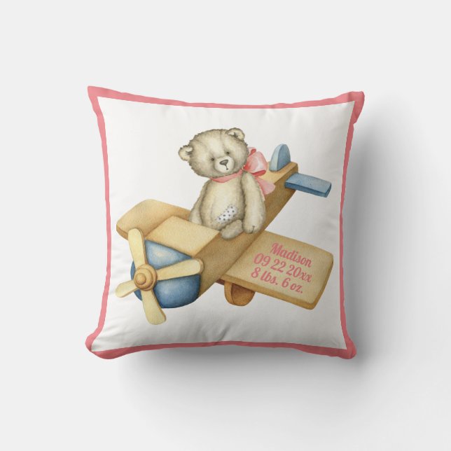 Baby Bear Airplane Watercolor Baby Girl Kissen (Vorderseite)