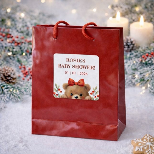 Baby Bear And Rowan Berries Baby Shower Quadratischer Aufkleber (Baby Bear And Rowan Berries Baby Shower Square Sticker)