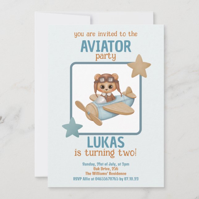 Baby Bear Aviator Party Boy Birthday Einladung (Vorderseite)