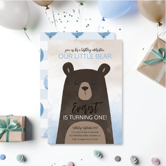 Baby Bear Birthday Einladung mit Blue Balloons