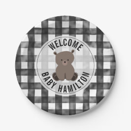 Baby Bear Black + White Gingham Baby Dusche Pappteller