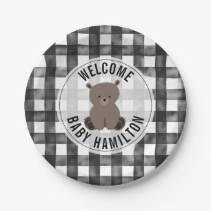 Baby Bear Black + White Gingham Baby Dusche Pappteller