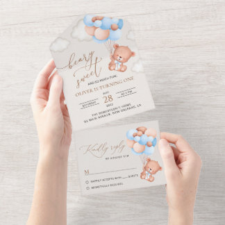 Baby Bear, Blue Balloons, erster Geburtstag All In One Einladung