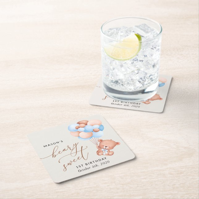 Baby Bear, Blue Balloons, erster Geburtstag Rechteckiger Pappuntersetzer (Vor Ort)