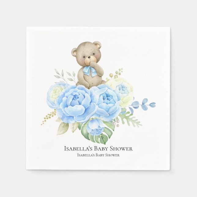 Baby Bear Boy Blue Blume | Babydusche Napkins Serviette (Vorderseite)