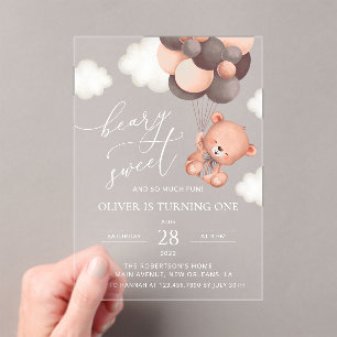 Baby Bear, Brauner Balloons, erster Geburtstag Acryleinladungen