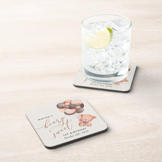 Baby Bear, Brauner Balloons, erster Geburtstag Getränkeuntersetzer (Rechte Seite)
