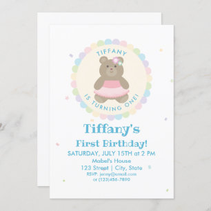 Baby Bear Cub Ballerina Girl First Birthday Party Einladung