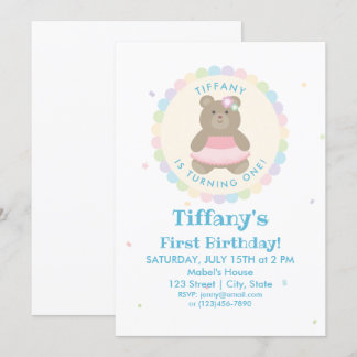 Baby Bear Cub Ballerina Girl First Birthday Party Einladung