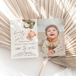 Baby Bear, Grüne Balloons, erster Geburtstag Einladung