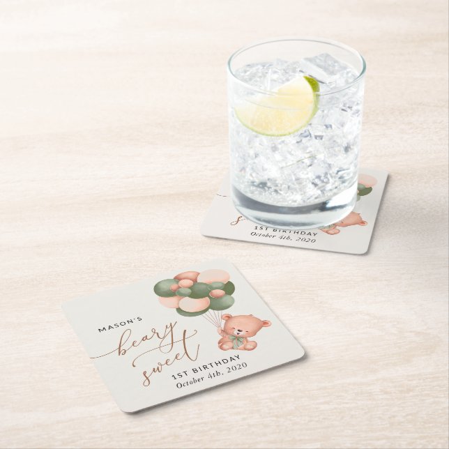 Baby Bear, Grüne Balloons, erster Geburtstag Rechteckiger Pappuntersetzer (Vor Ort)