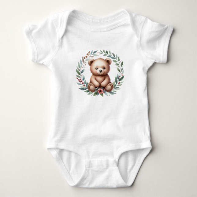 Baby Bear in Wreath Baby Bodysuit Strampler (Vorderseite)