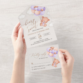 Baby Bear, Lila Balloons, erster Geburtstag All In One Einladung