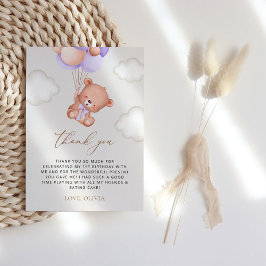 Baby Bear, Lila Balloons, erster Geburtstag Dankeskarte
