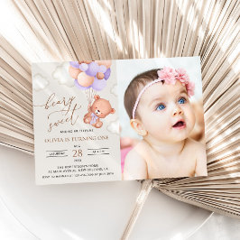 Baby Bear, Lila Balloons, erster Geburtstag Einladung