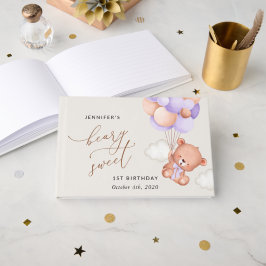 Baby Bear, Lila Balloons, erster Geburtstag Gästebuch