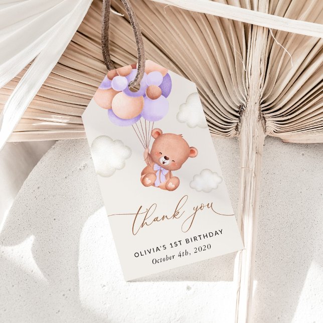 Baby Bear, Lila Balloons, erster Geburtstag Geschenkanhänger (Von Creator hochgeladen)