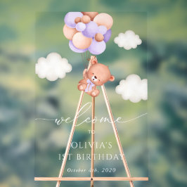 Baby Bear, Lila Balloons, Erster Geburtstag Willko Acrylschild