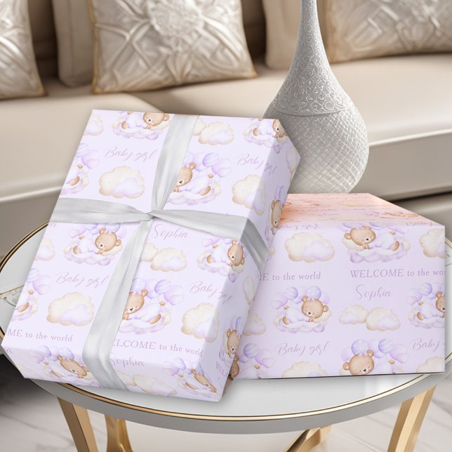 Baby Bear Lila Lavender Neugeborene Kindermädchen Geschenkpapier (Baby Bear Purple Lavender Newborn Baby Girl Name Wrapping Paper)