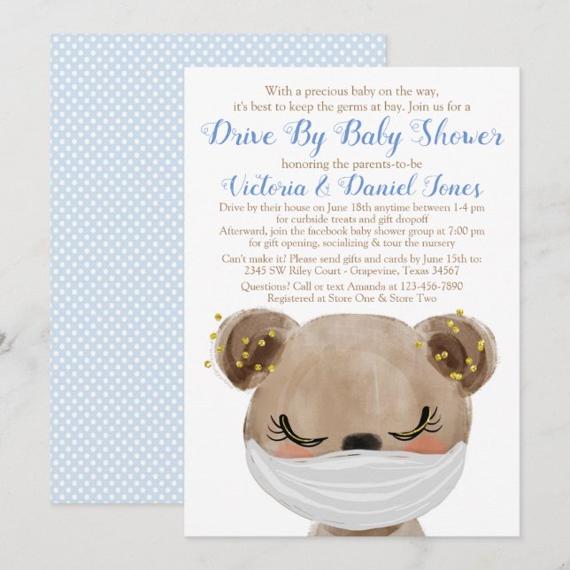 Baby Bear mit Maskenantrieb mit Babydusche Einladung (Vorne/Hinten)