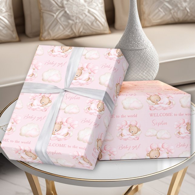 Baby Bear Pink Neugeborene Mädchenname Geschenkpapier (Baby Bear Pink Newborn Baby Girl Name Wrapping Paper)