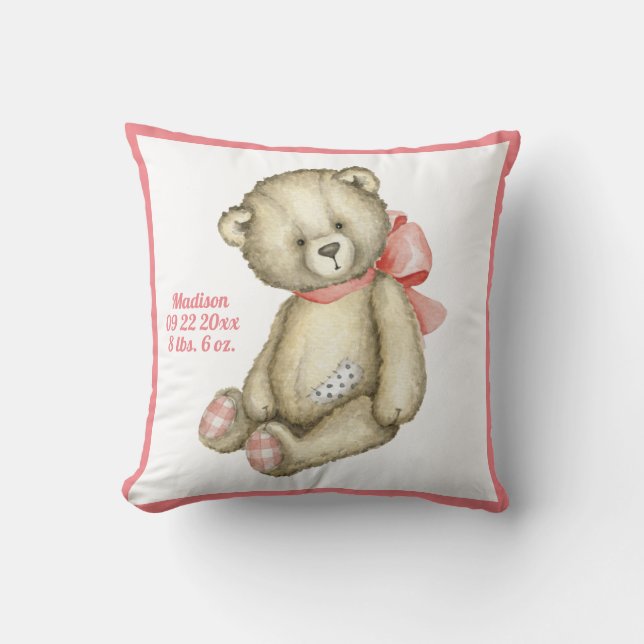 Baby Bear Pink Ribbon Watercolor Baby Girl Kissen (Vorderseite)