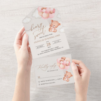 Baby Bear, rosa Balloons, erster Geburtstag All In One Einladung
