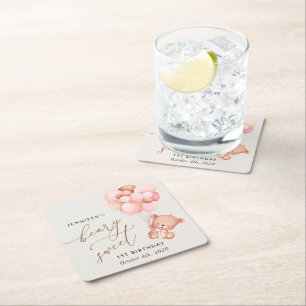 Baby Bear, rosa Balloons, erster Geburtstag Rechteckiger Pappuntersetzer