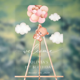 Baby Bear, rosa Balloons, Erster Geburtstag Willko Acrylschild