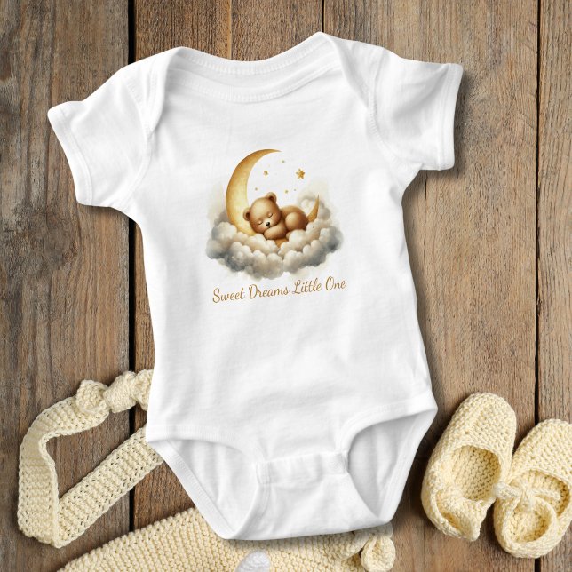 Baby Bear Schlafen in Moon Cloud Baby Duschgeschen Strampler (Sleeping Baby Bear on Cloud and Crescent moon. Gold White. Baby Shower Gift, Gift for new baby)