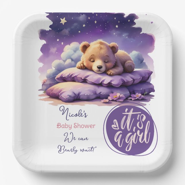 Baby Bear Schlafen Lila Galaxy Girl Babydusche Pappteller (Vorderseite)