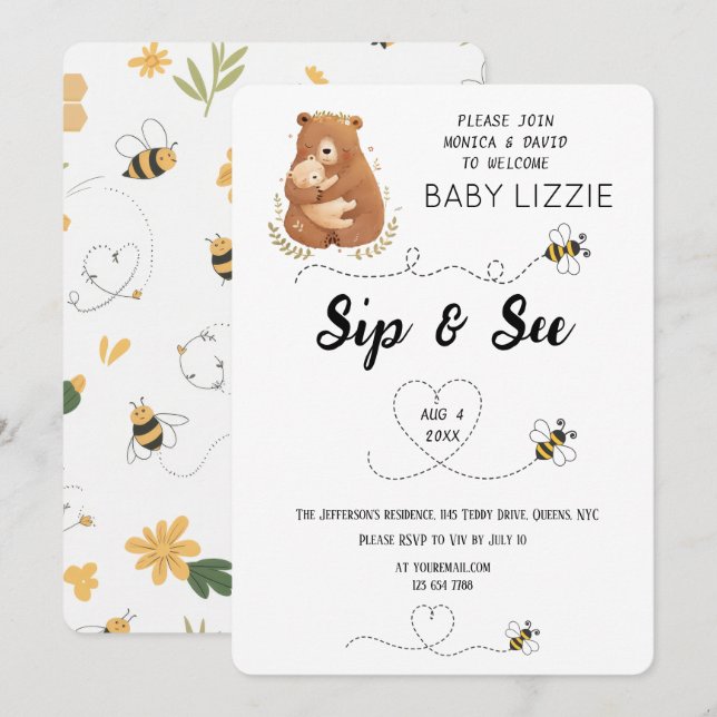 Baby Bear Sip & See Personalisiert Einladung (Vorne/Hinten)