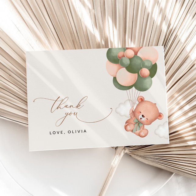 Baby Bear, Teddy Bear, Grüne Balloons, Babydusche Dankeskarte (Von Creator hochgeladen)