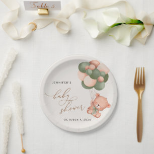 Baby Bear, Teddy Bear, Grüne Balloons, Babydusche Pappteller