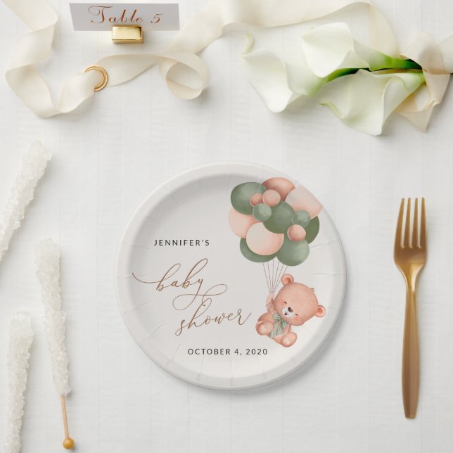 Baby Bear, Teddy Bear, Grüne Balloons, Babydusche Pappteller (Hochzeit)