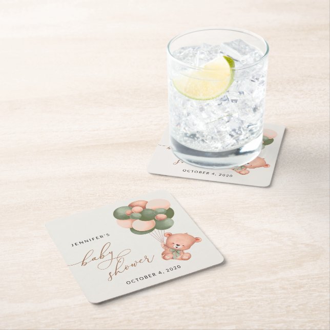 Baby Bear, Teddy Bear, Grüne Balloons, Babydusche Rechteckiger Pappuntersetzer (Vor Ort)