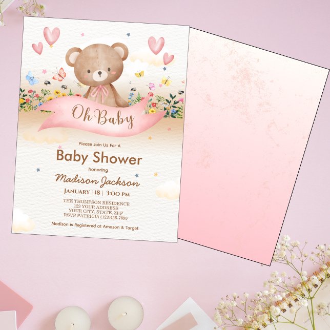 Baby Bear Wildblumen Girls Babydusche Einladung (Von Creator hochgeladen)