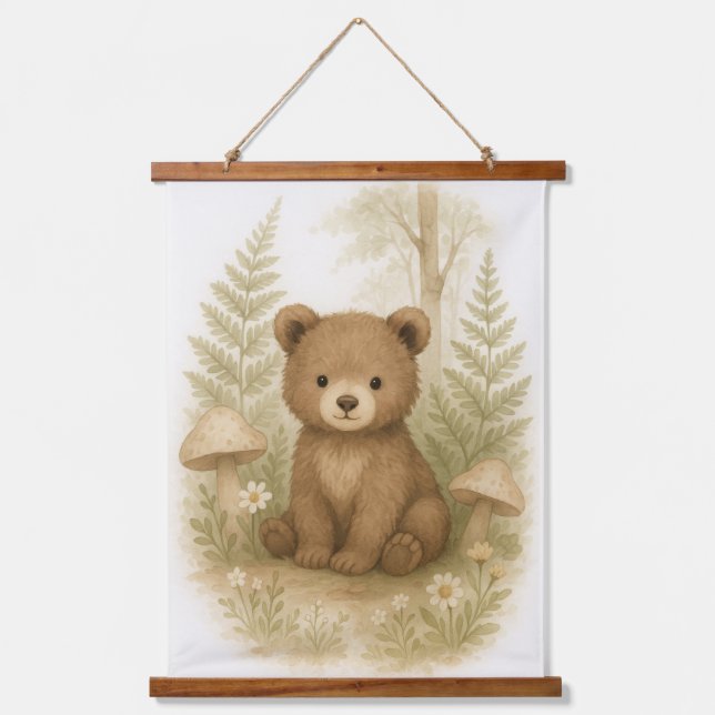 Baby Bear Woodland Animal Kinderzimmer Kinderzimme Wandteppich Mit Holzrahmen (Vorderseite)