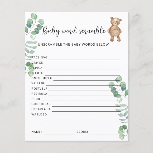 Baby Bear Word Scramble | Baby Showspiel (Vorderseite)