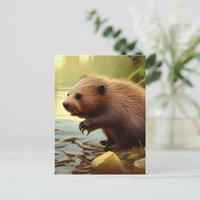 Baby Beaver Wildlife Portrait Postkarte (Stehend Vorderseite)