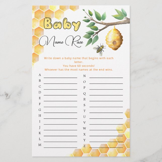 Baby Bee Baby Shower Baby Name Race Game (Vorderseite)