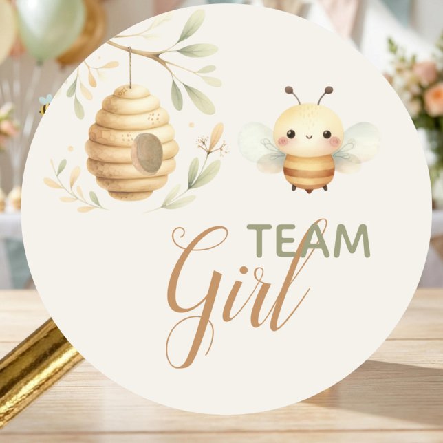 Baby Bee Team Girl Er oder Sie Geschlecht Enthüllu Runder Aufkleber (Team Girl Honey Bee Gender Reveal Sticker. He or She? What Will Baby Bee? )