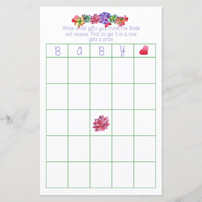 Baby Bingo Succulent Baby Dusche (Vorderseite)